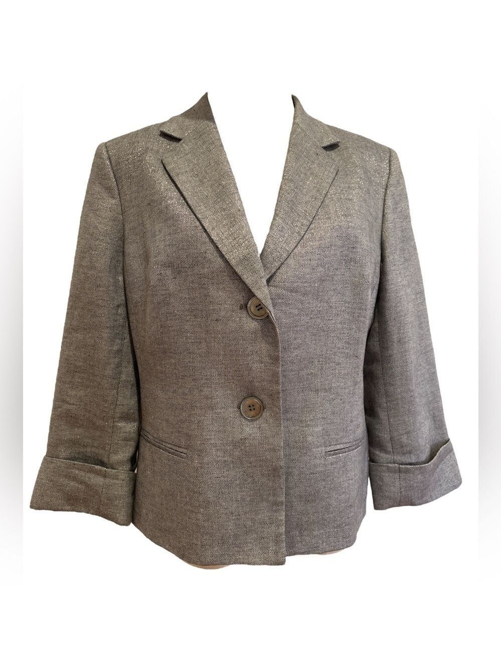 Y2K LINEN BLEND SILVER METALLIC CROPPED FITTED BLAZER 3/4 SLEEVES TALBOTS SZ 12